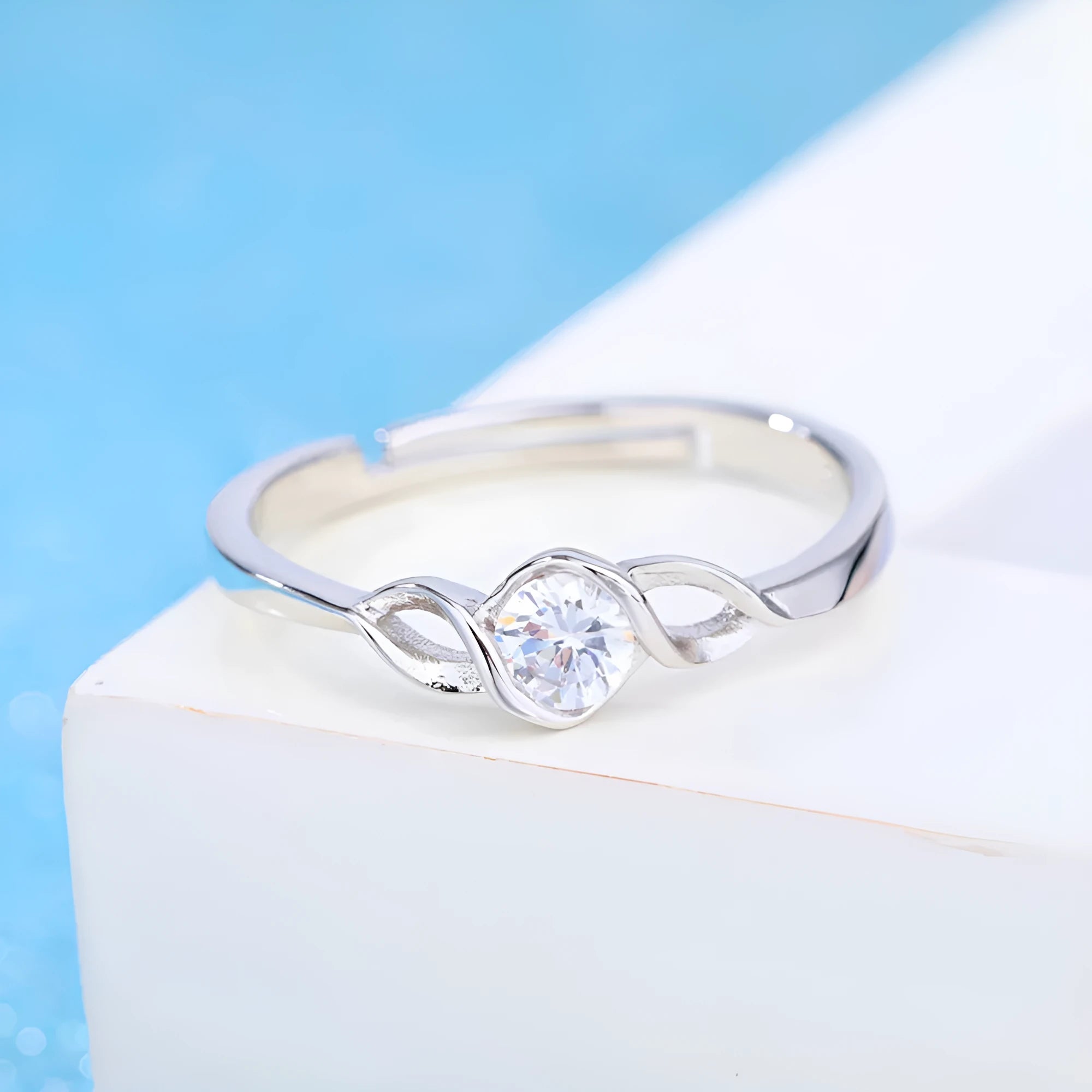 Korean style silver interwoven heart ring with adjustable opening, white diamond finish, copper base