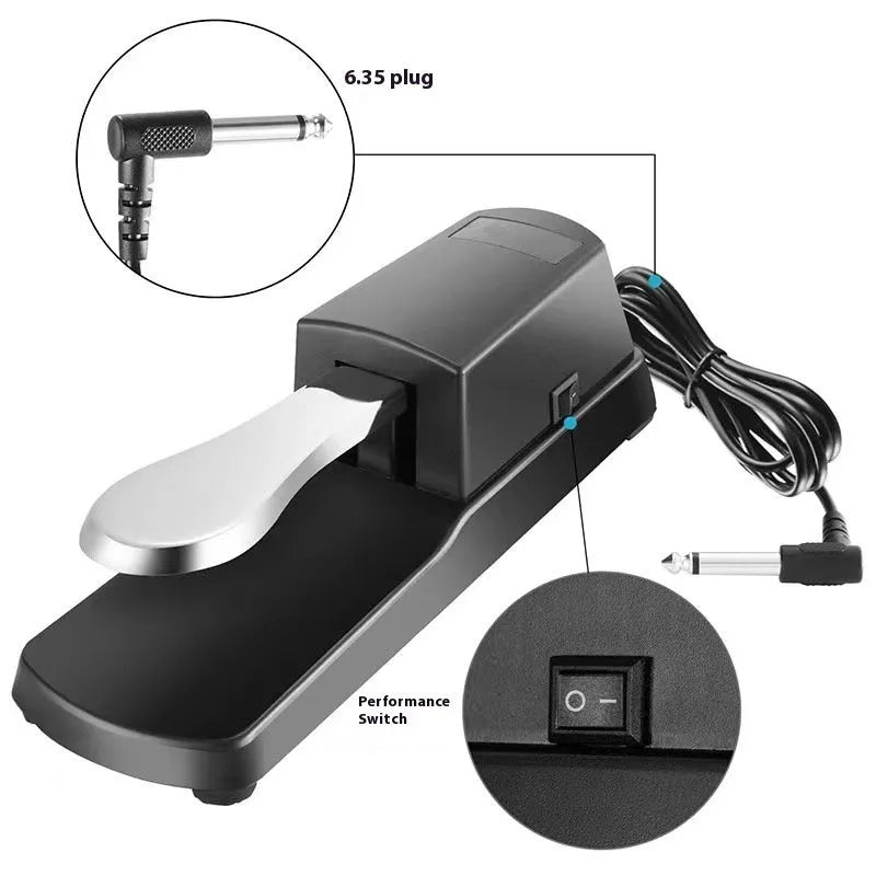 Black single leg sustain pedal for electronic keyboards on a flat surface.