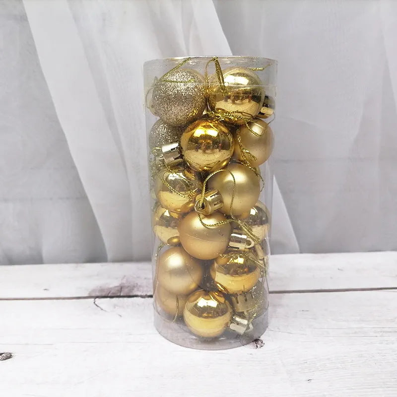 Assorted 3cm diameter electroplated plastic Christmas balls stored in a tall plastic barrel