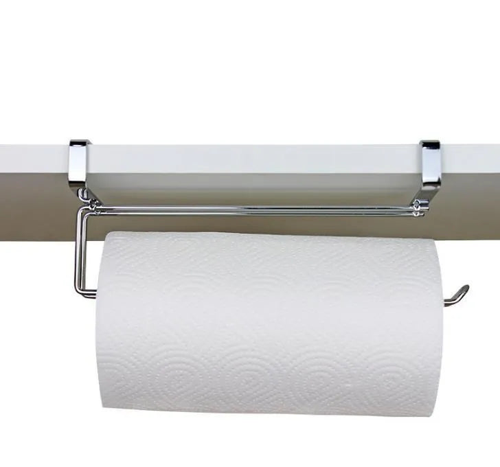 Silver stainless steel kitchen towel rack mounted on a white cabinet door.