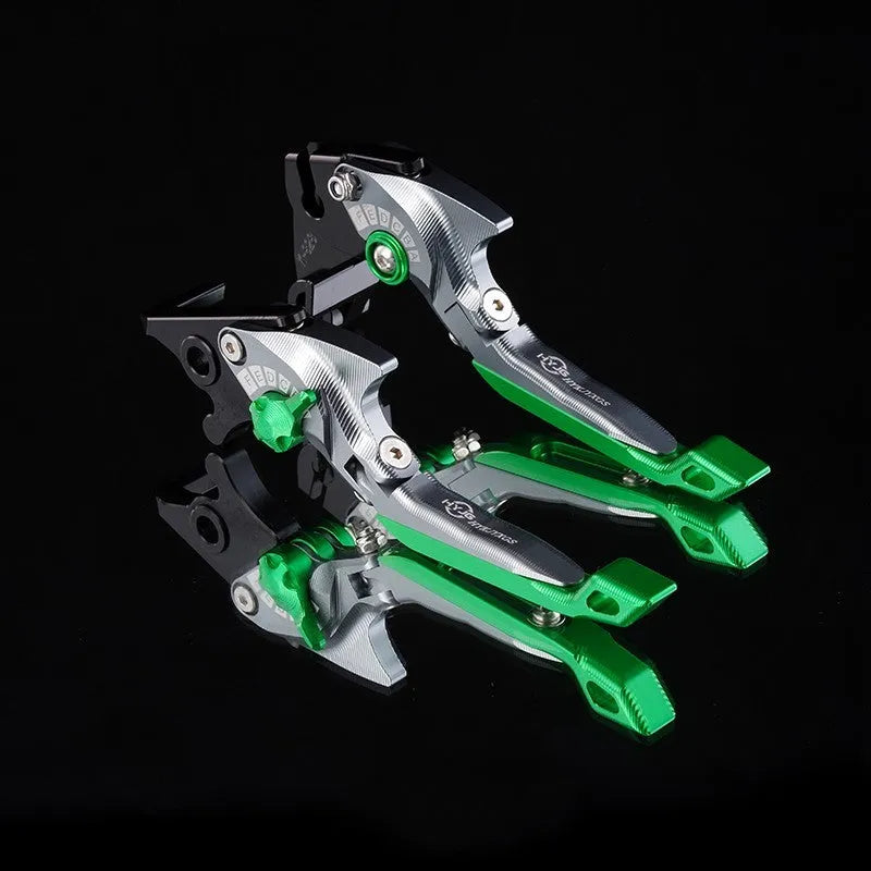 Pair of anodised metal motorcycle horn handle clutch levers with six-speed adjustable length, shown in a selection of colour finishes