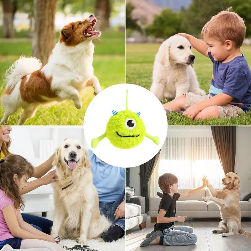 Green plush and TPR sound-activated interactive dog teething toy ball, 12cm diameter.