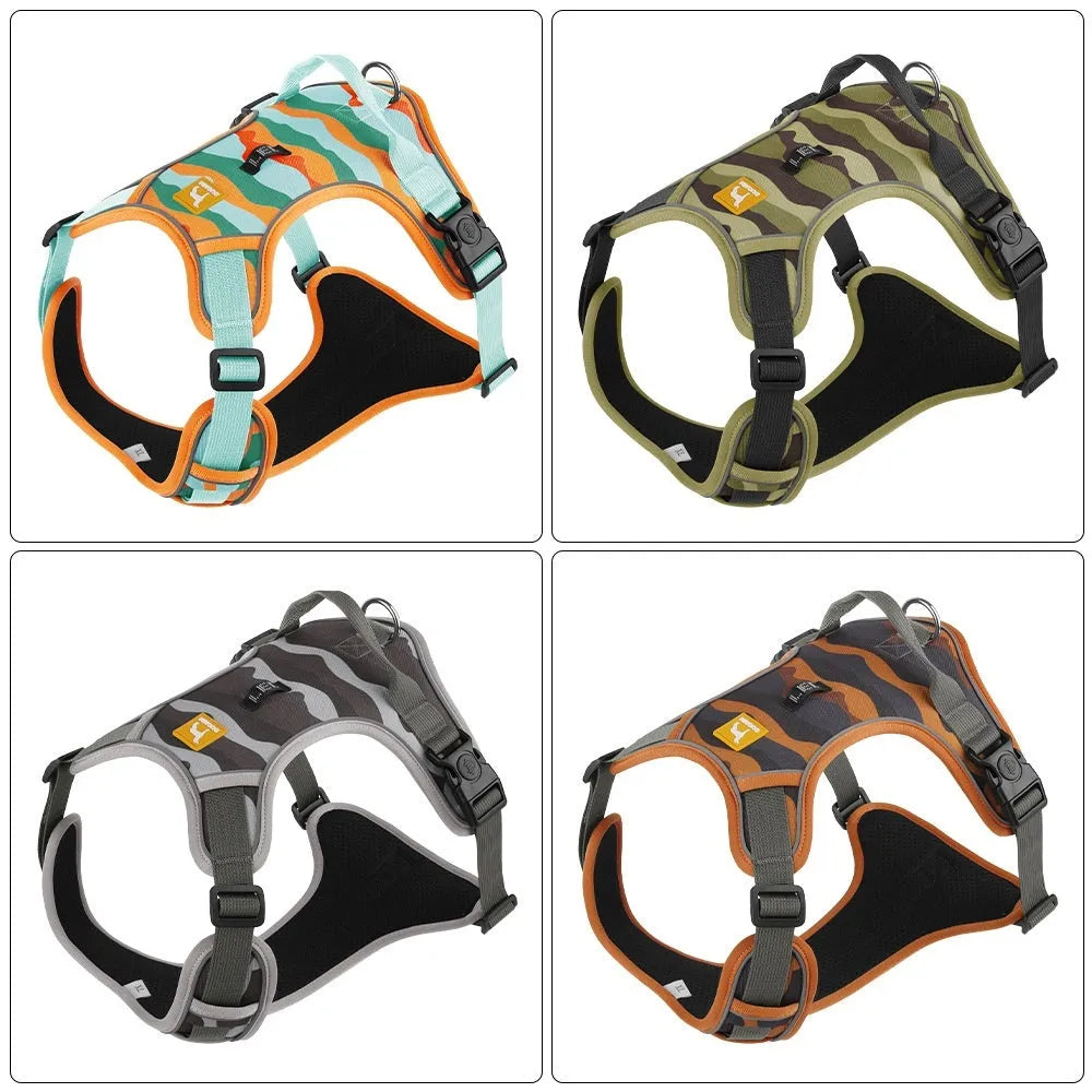 Orange reflective dog chest and back harness with an attached hand-holding rope on a grey background.