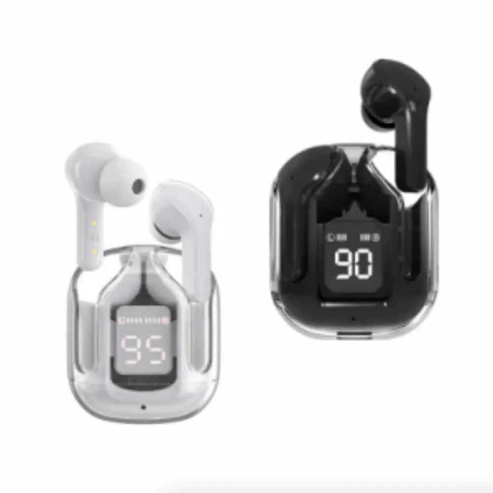 Transparent space capsule case containing true wireless Bluetooth earbuds with digital display screen