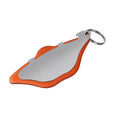 Mountain bike disc brake pads in black and orange with adjustment flap