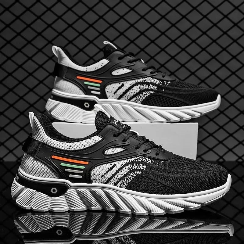 Men's white blue platform casual running shoes with cross shoulder straps and mesh upper