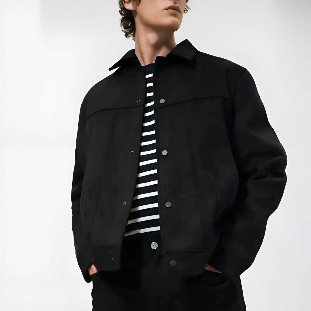 Men's black hooded casual jacket with a suede collar, shown on a model.