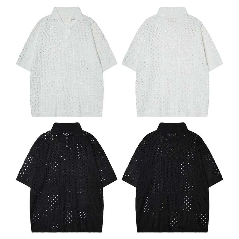 Solid colour short-sleeved polo shirt with loose fit design and hollow knit texture