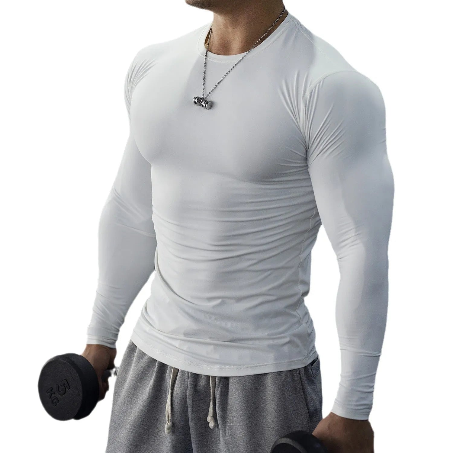 Men's black slim-fit fitness tights with long sleeves for gym and running.