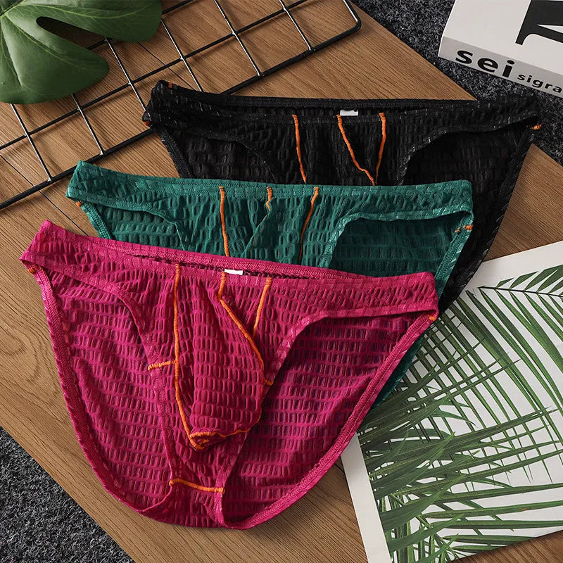 Men's ice silk low waist lace briefs in multiple solid colours on size chart