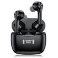 Cool black wireless noise cancelling in-ear headphones with charging case on a white background.
