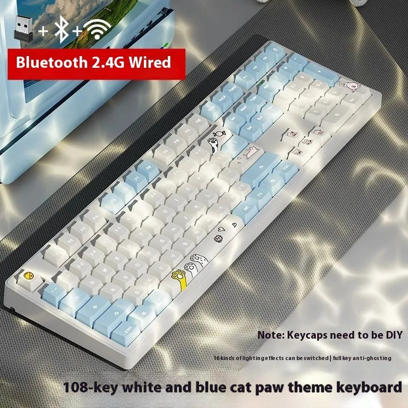 Triple-mode mechanical keyboard in various colour options showing 87-key and 108-key layouts