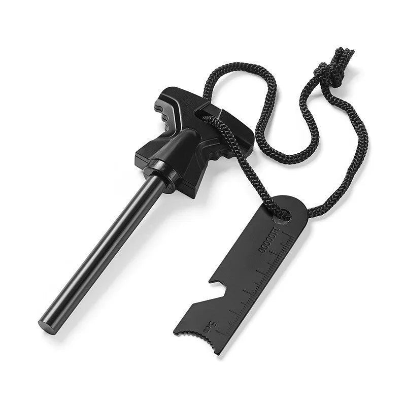 Stainless steel butterfly-shaped fire starter tool with bottle opener on a white background.