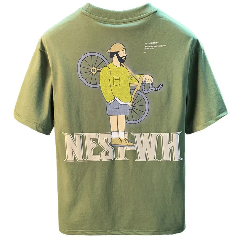 Green men's loose fit t-shirt with 'Literary Youth' text print on the front.