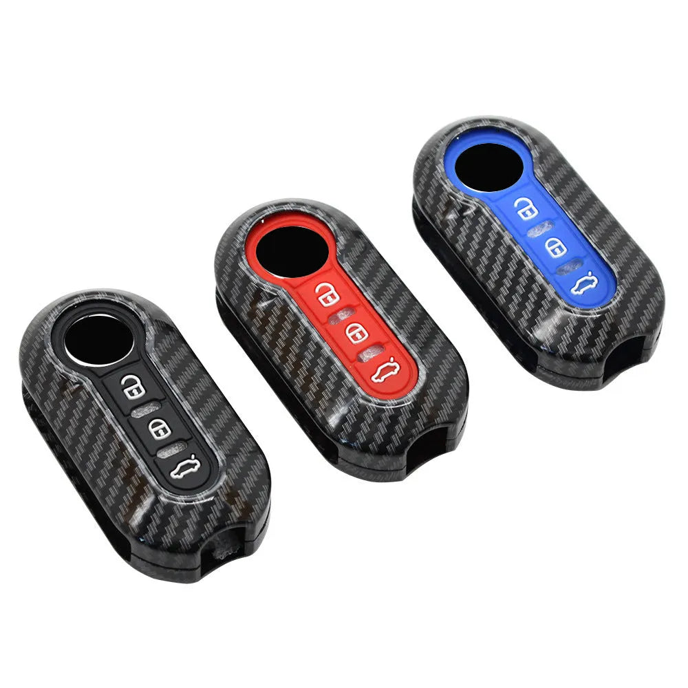 Fiat 500 replacement key case with carbon fibre texture in black, blue, or red