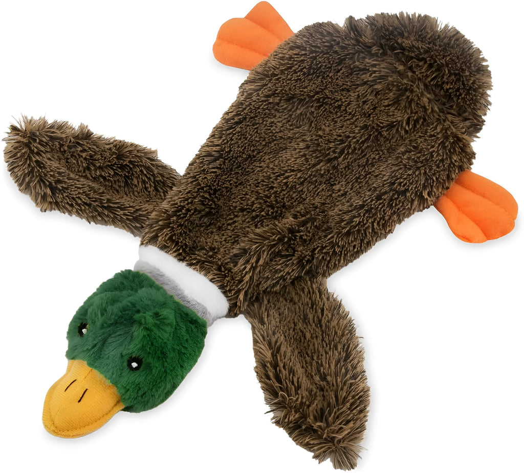 Green stuffless dog toy with squeakers and bottle insertion cavity