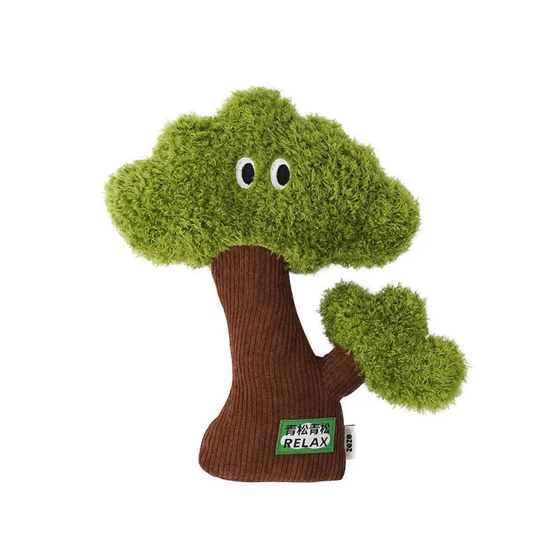 Plush pine tree-shaped cat toy with mint filling, shown in three available sizes for feline biting and grinding play.