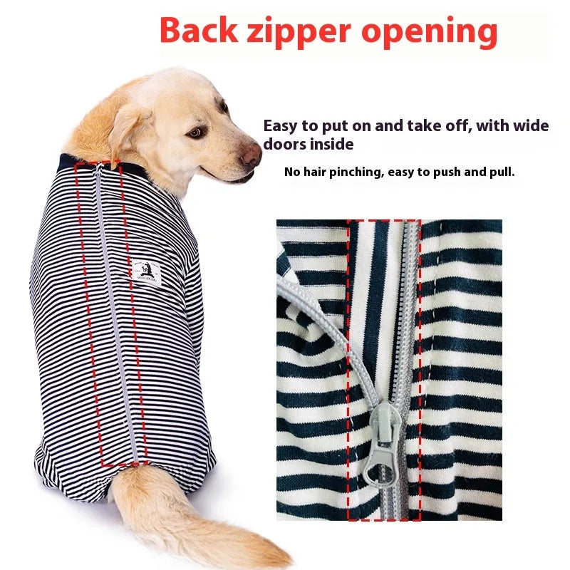 Striped four-legged dog shirt on a large breed dog, shown in sky blue, black dark blue stripe, or brown.