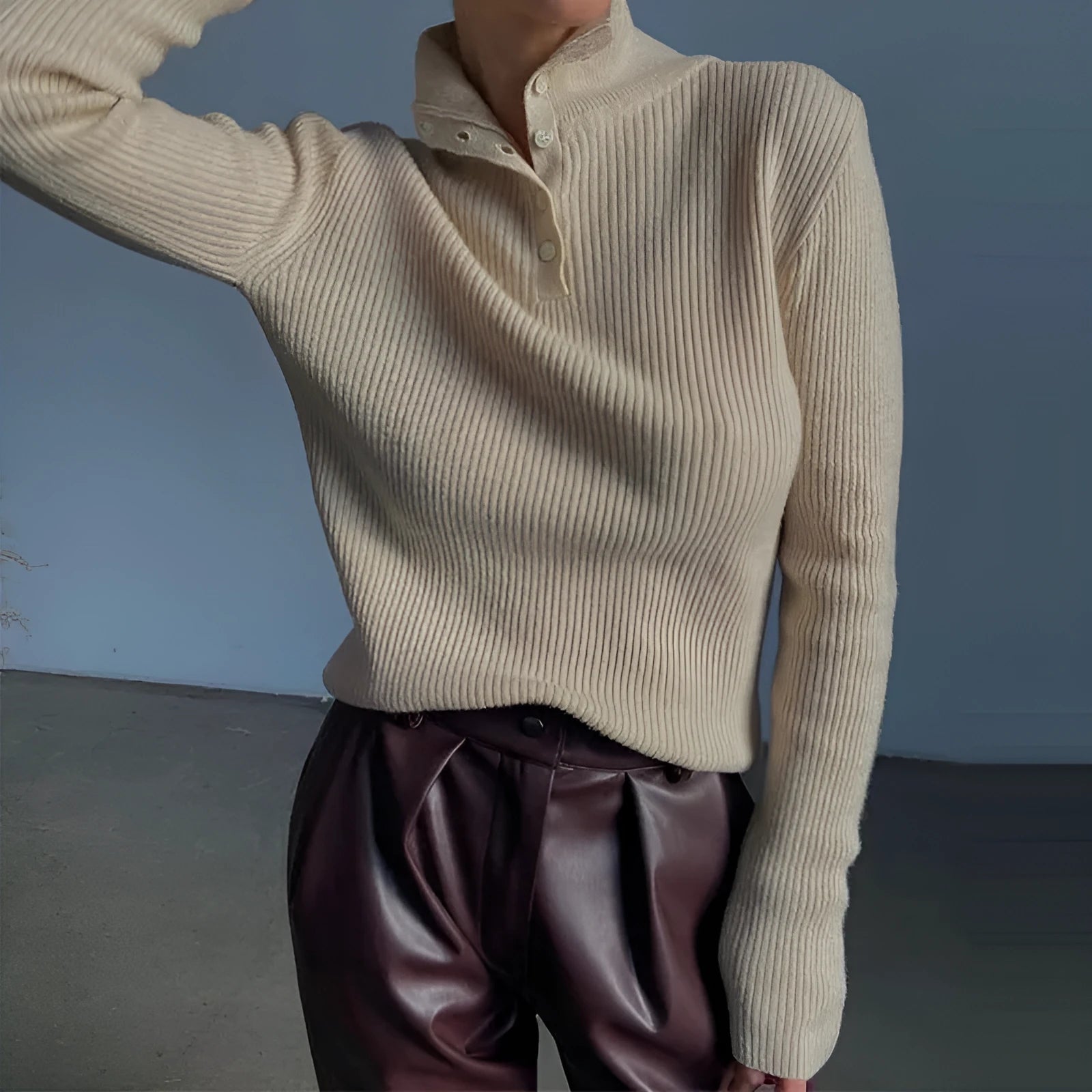 Retro breasted half turtleneck women's pullover sweater in slim fit with single-breasted placket closure