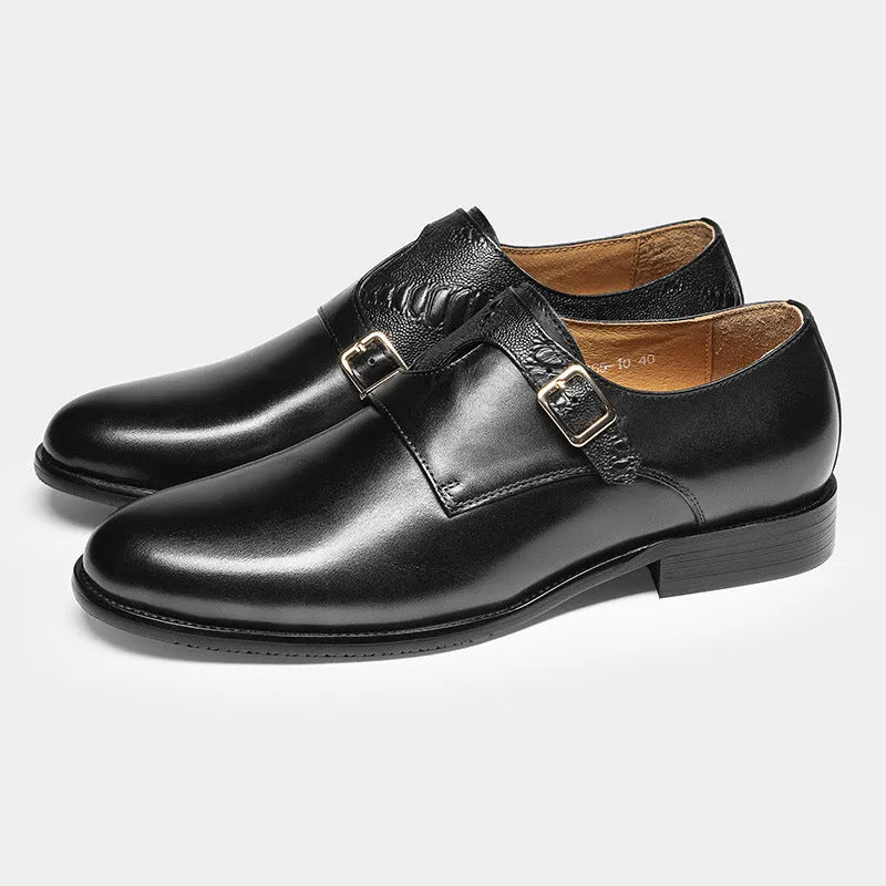 Men's first layer cowhide round toe double buckle retro business leather shoes in black