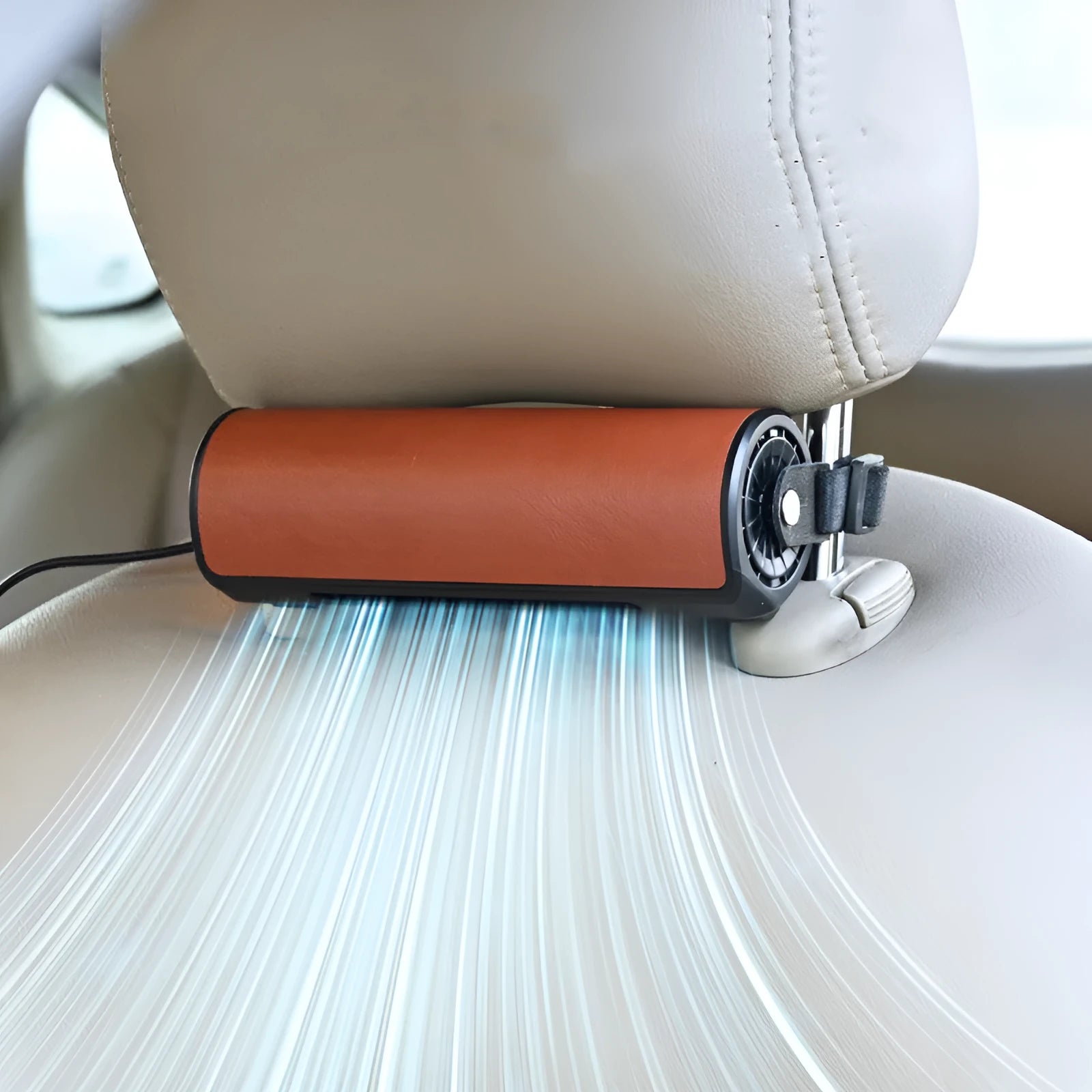 USB car rear seat fan kit with 1.5-metre black cable in black, brown, or red colour options.