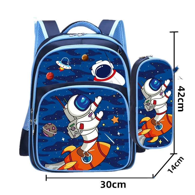 Blue cartoon print children's backpack with pencil case for school use