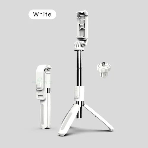 Black or white Bluetooth selfie stick tripod extended with phone attached and wireless remote.