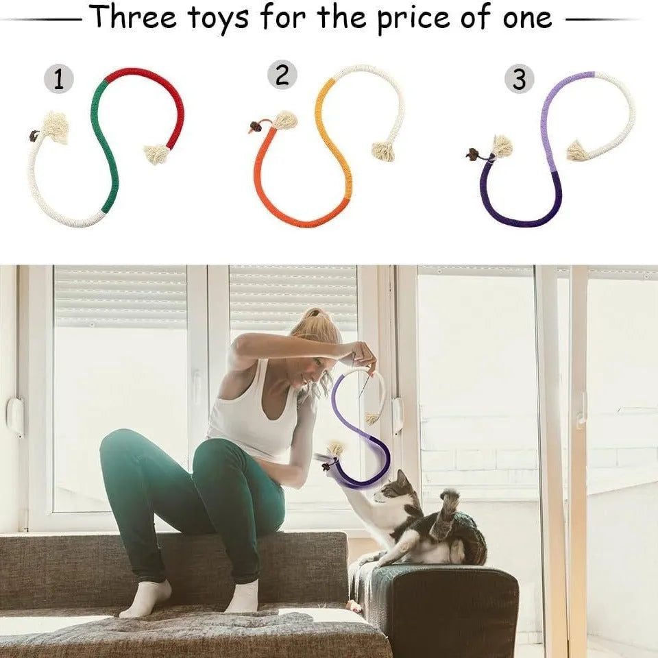 Long purple, orange, and red-with-green cotton rope cat toys stuffed with catnip for biting and playing.