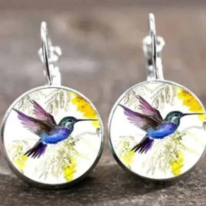 Flying hummingbird time stone glass fashion earrings for women, five style options, gem glass inlay