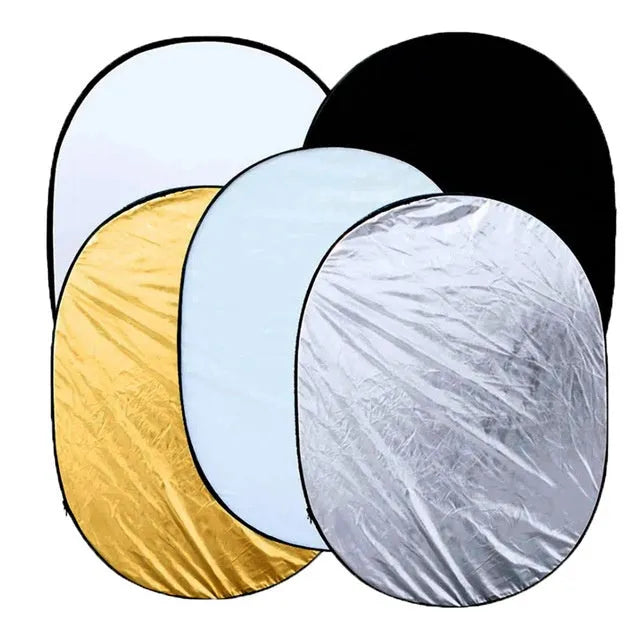 5 in 1 collapsible photography light reflector with gold silver white black translucent surfaces folded with carrying bag