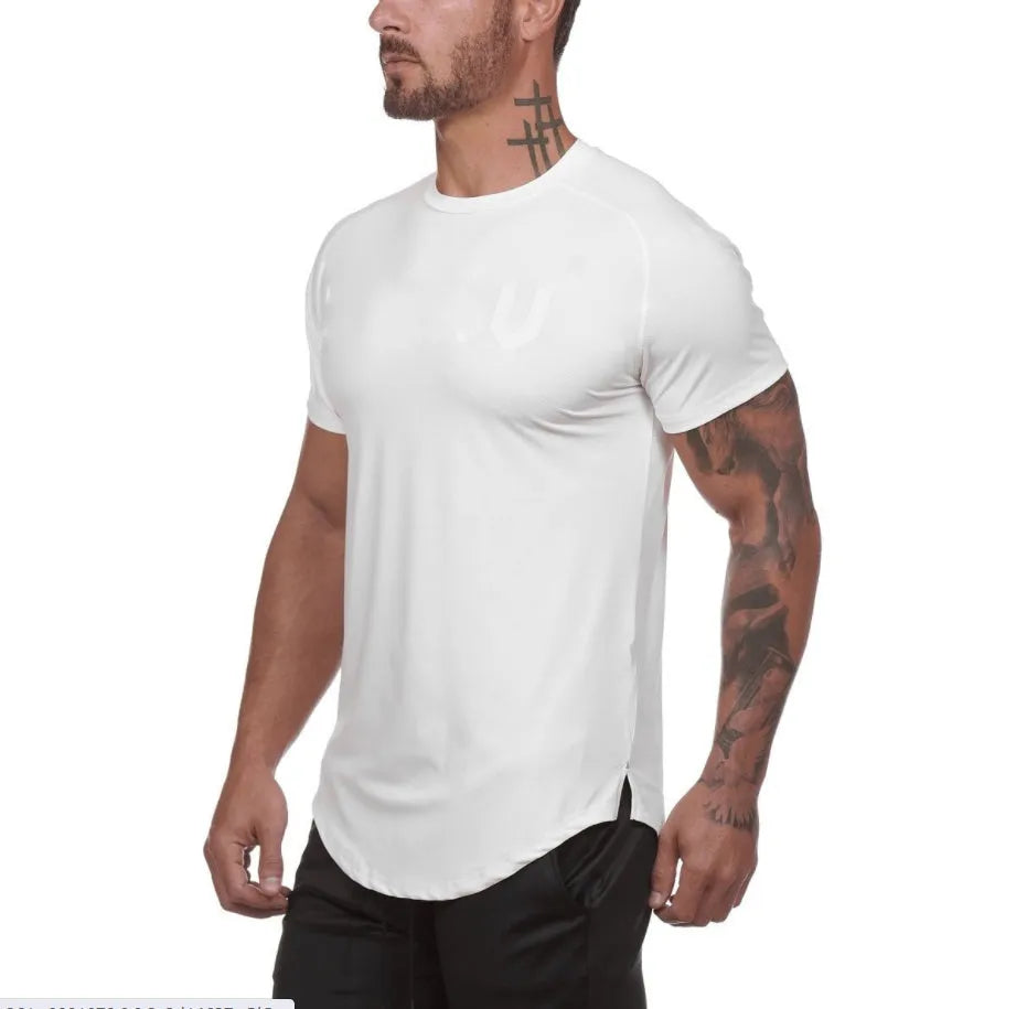 Mens plain cotton-spandex gym shirt for fitness training in army green, black and white colours