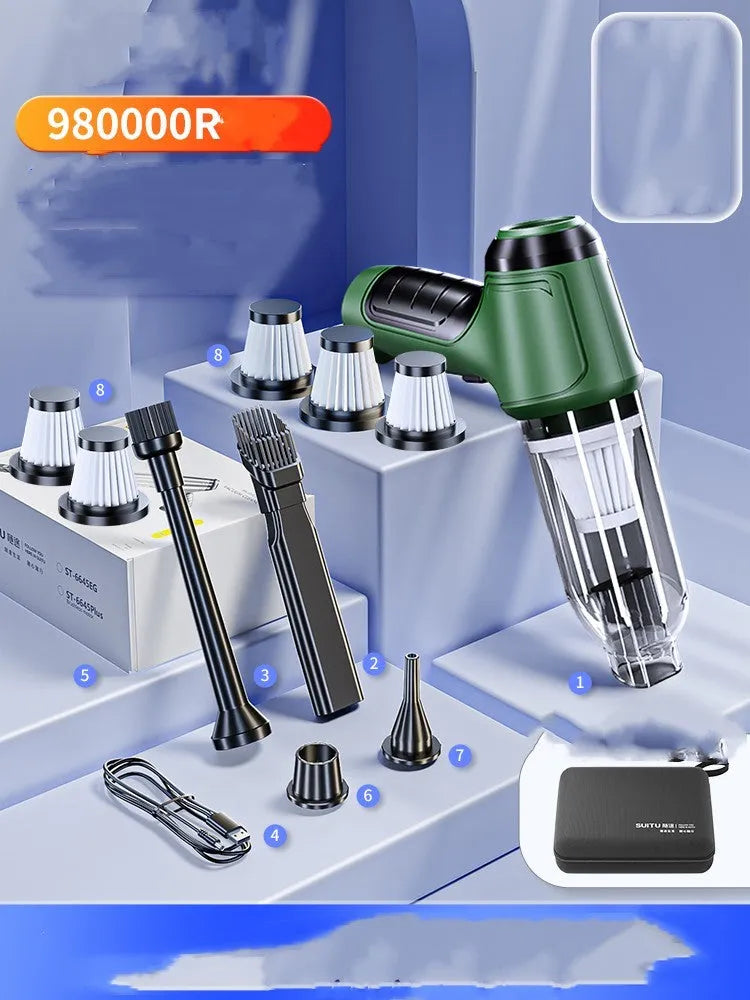 Green wireless handheld car vacuum cleaner with suction nozzles for vehicle interior cleaning