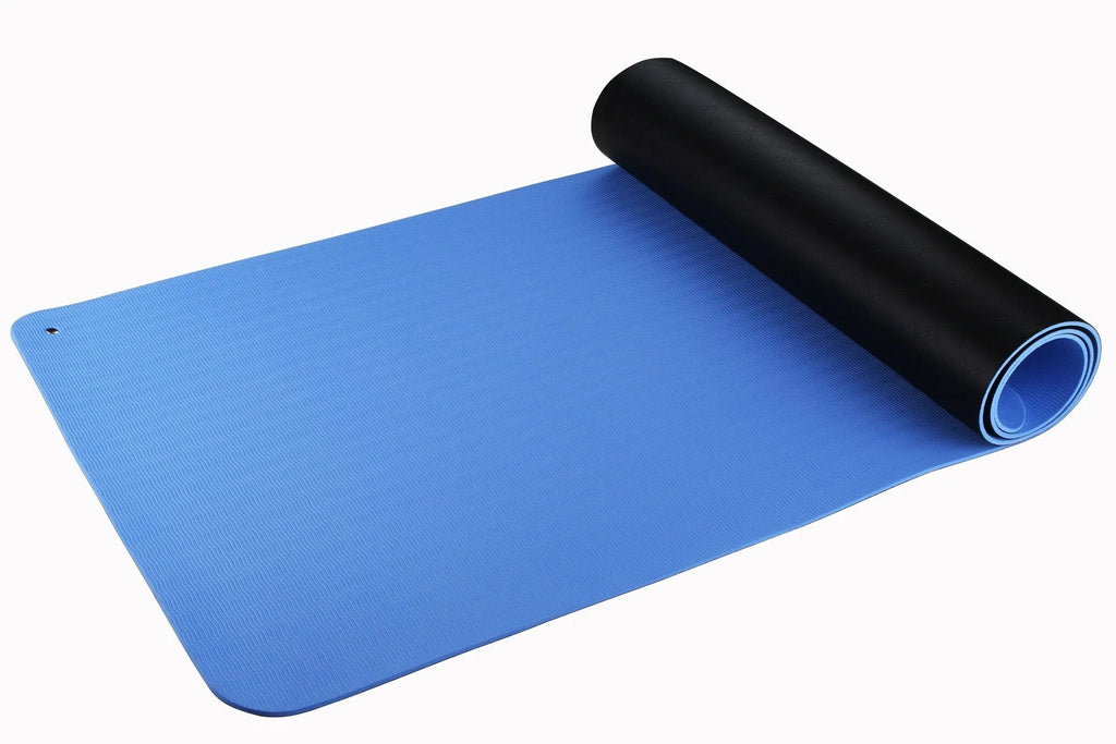Blue conductive yoga mat with floral pattern, grounding wire, and dimensions 182x61cm.