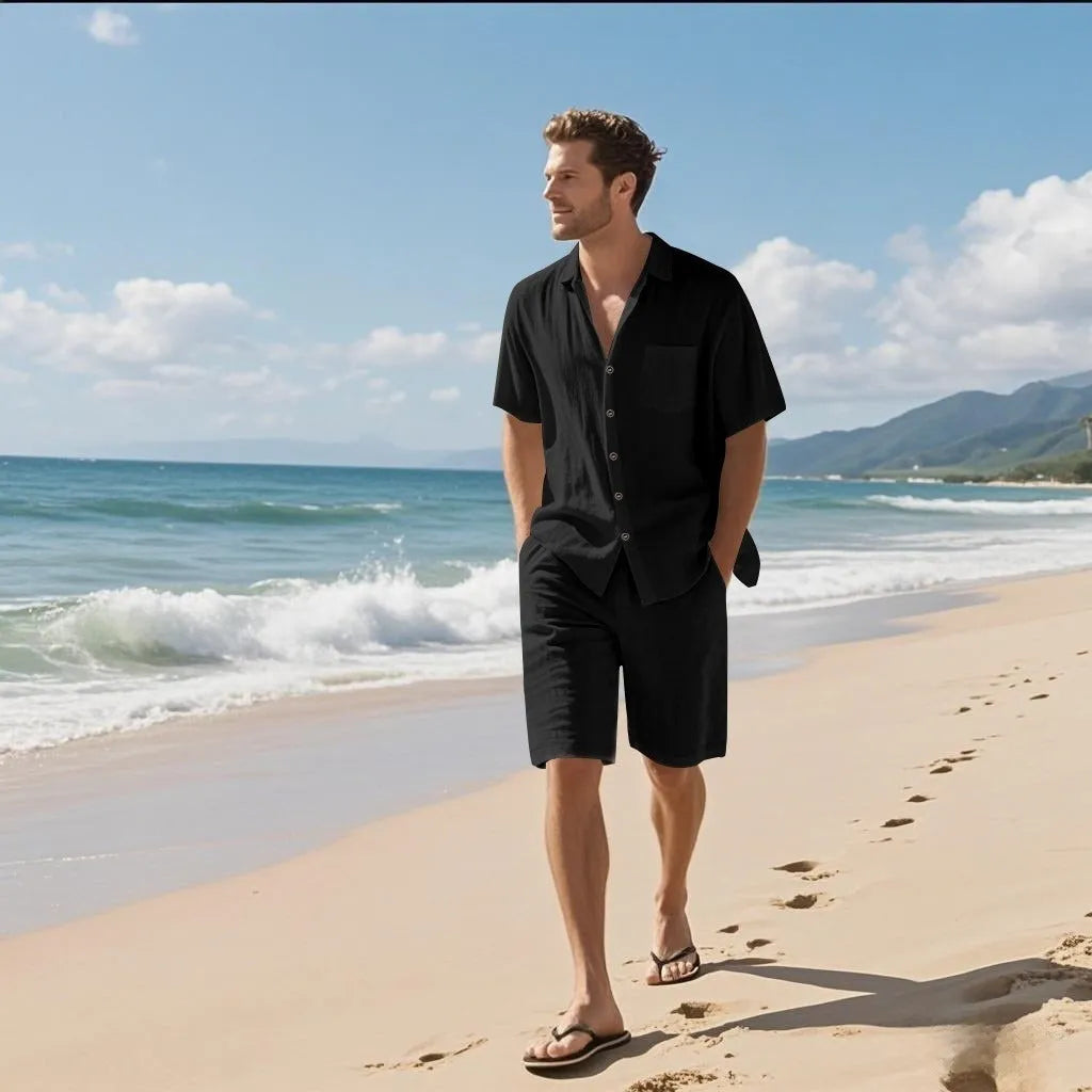 Man's light blue linen blend short-sleeve shirt and matching shorts casual beach set.