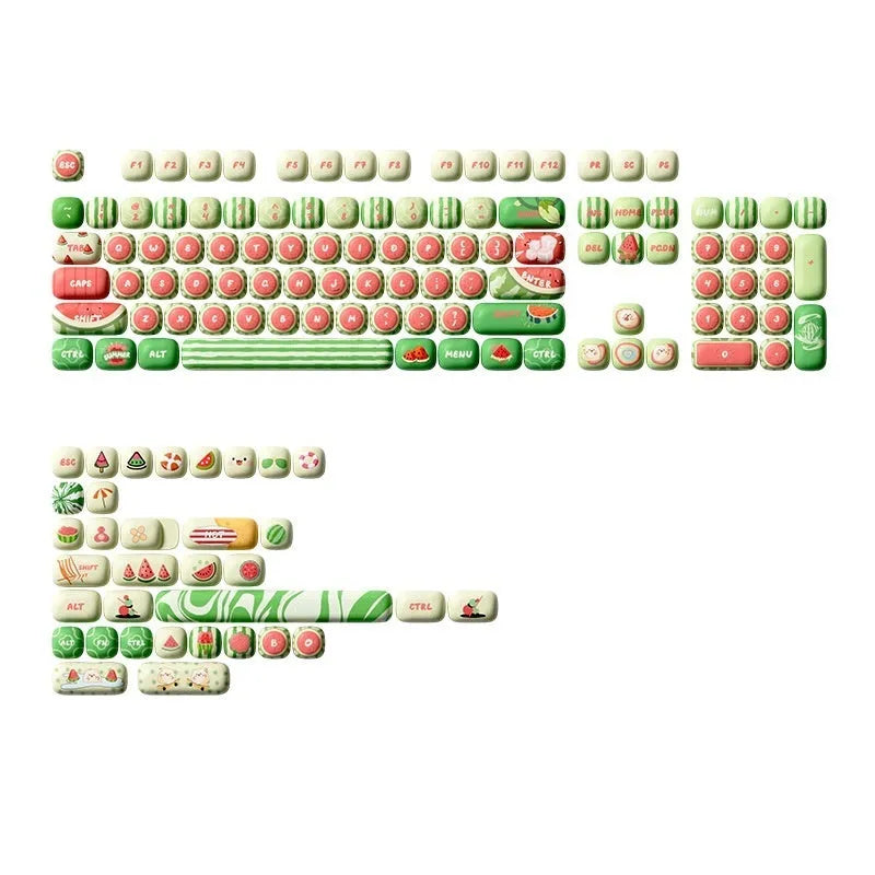 Xia Yang Watermelon themed blue PBT keycaps with five-sided sublimation artwork for mechanical keyboards.