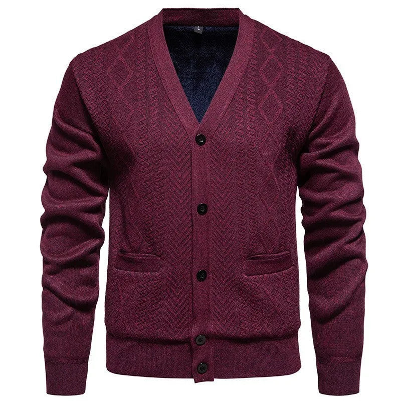 Men's striped cardigan sweater with wool lining in brown colour showing long sleeves and front opening