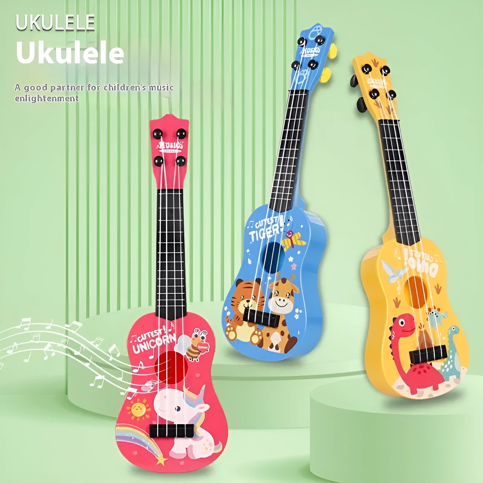 Children's plastic ukulele toy in animal designs, small size, on white background