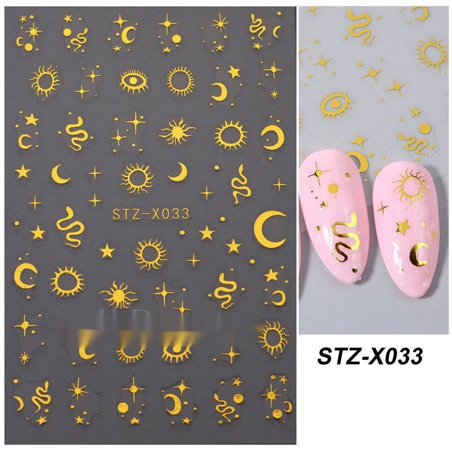 Sheet of black and silver stripe nail art stickers from a cartoon series for DIY manicures.