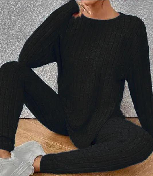 Women's black sunken stripe two-piece homewear set with matching trousers and top