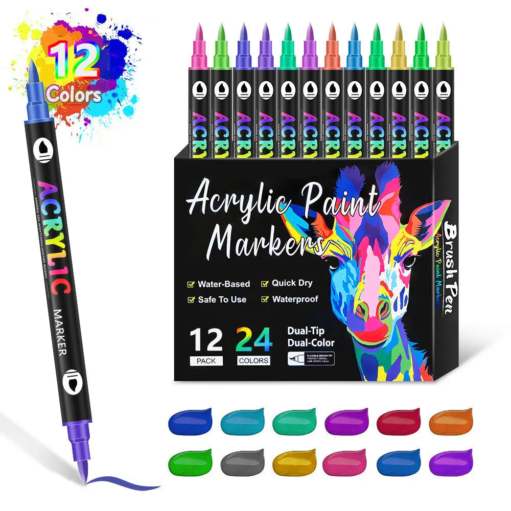 Set of double-headed washable acrylic marker pens in assorted colours, showing two tips on each pen.