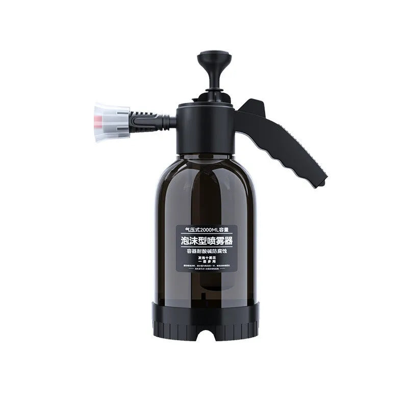 Black 2L hand-held foam sprayer watering can with ergonomic handle and two nozzles