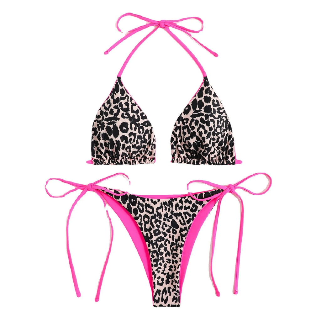 Women's lace-up front triangle bikini and split bottom in a colour style, laid flat.
