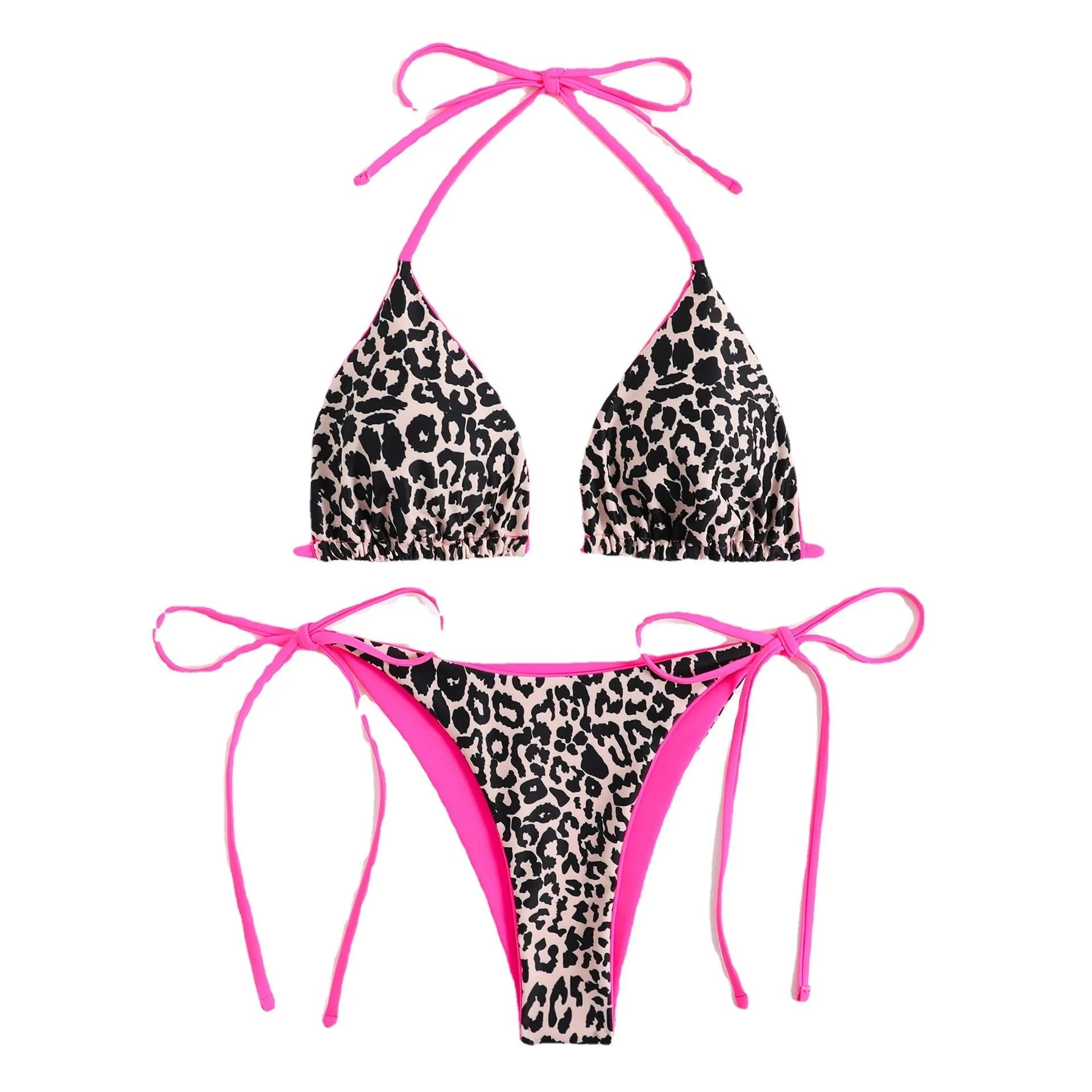 Women's lace-up front triangle bikini and split bottom in a colour style, laid flat.