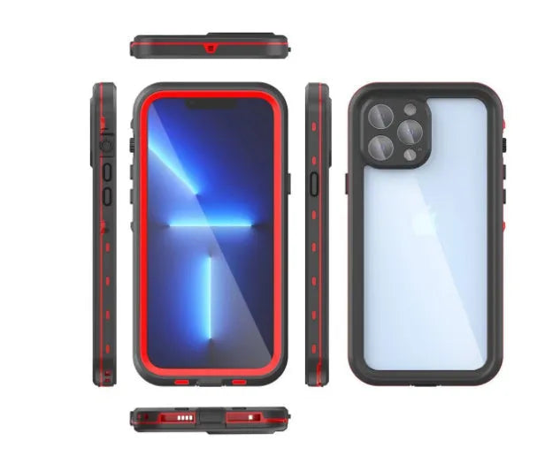 IP68 waterproof phone case for iPhone 12 Pro Max in black blue red colours showing TPU PC construction