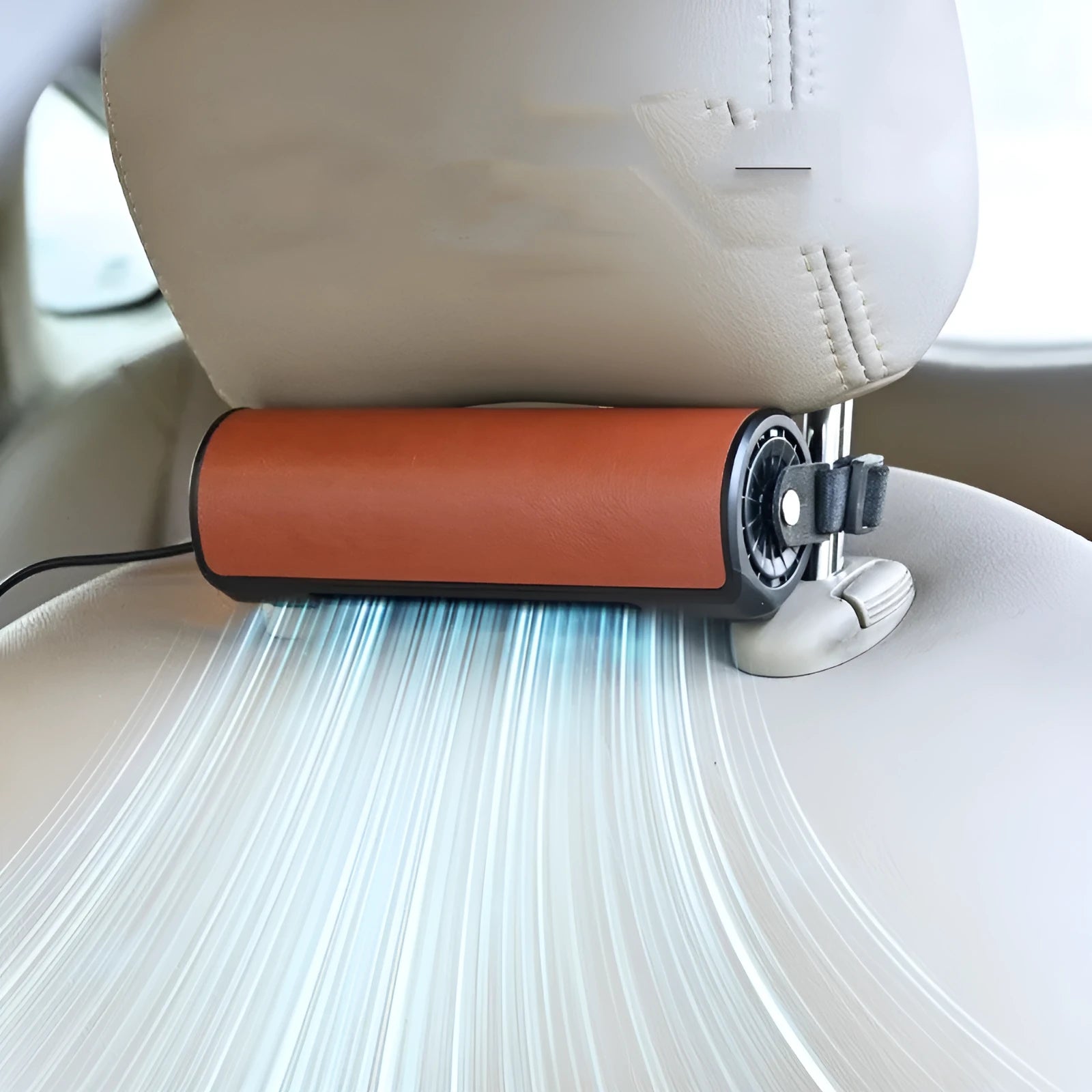 Black car mounted bladeless fan with USB power cord for vehicle ventilation