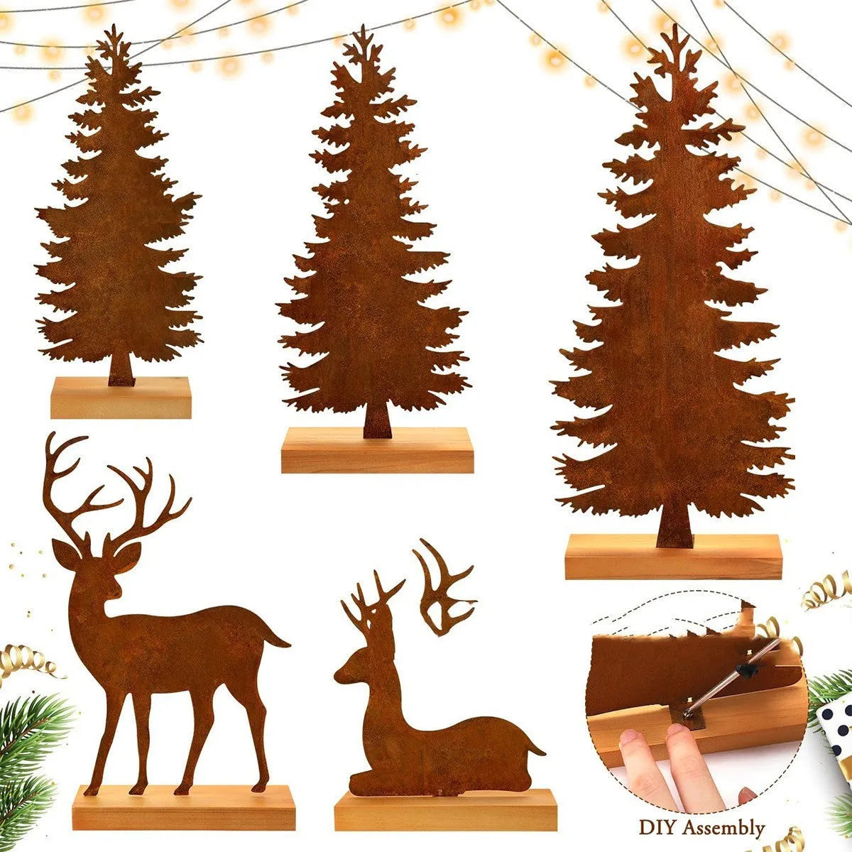 Three metal Christmas tree ornaments with elk motifs in rustic patina finish