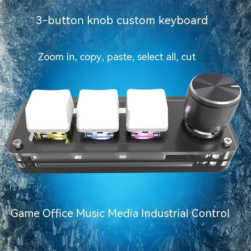 Black programmable mini keyboard with RGB backlit keys showing copy and paste shortcuts