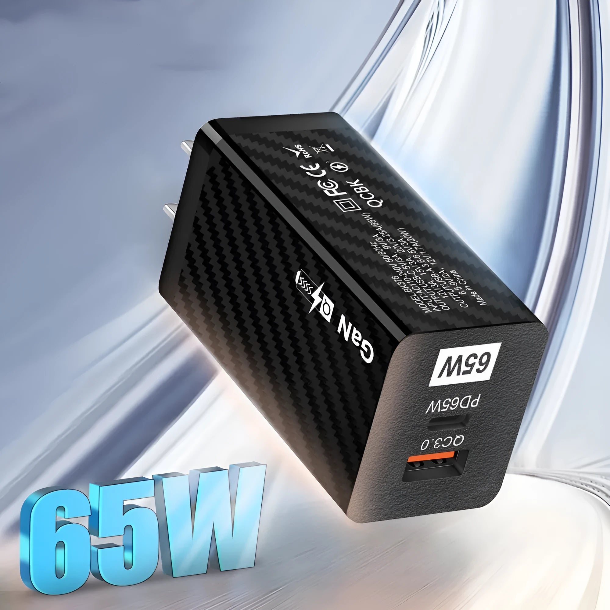 Gallium nitride 65W USB-PD laptop charger in black or white with compact dimensions and regional plug options