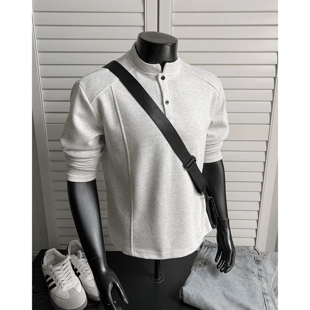 Men's polo shirt with stand-up collar and patchwork shoulder detail in loose fit