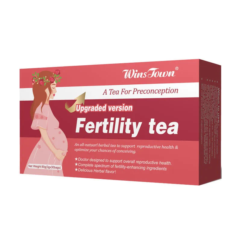 Box of fertility tea showing 3x30 bag packaging with 90 individual tea bags for reproductive health support